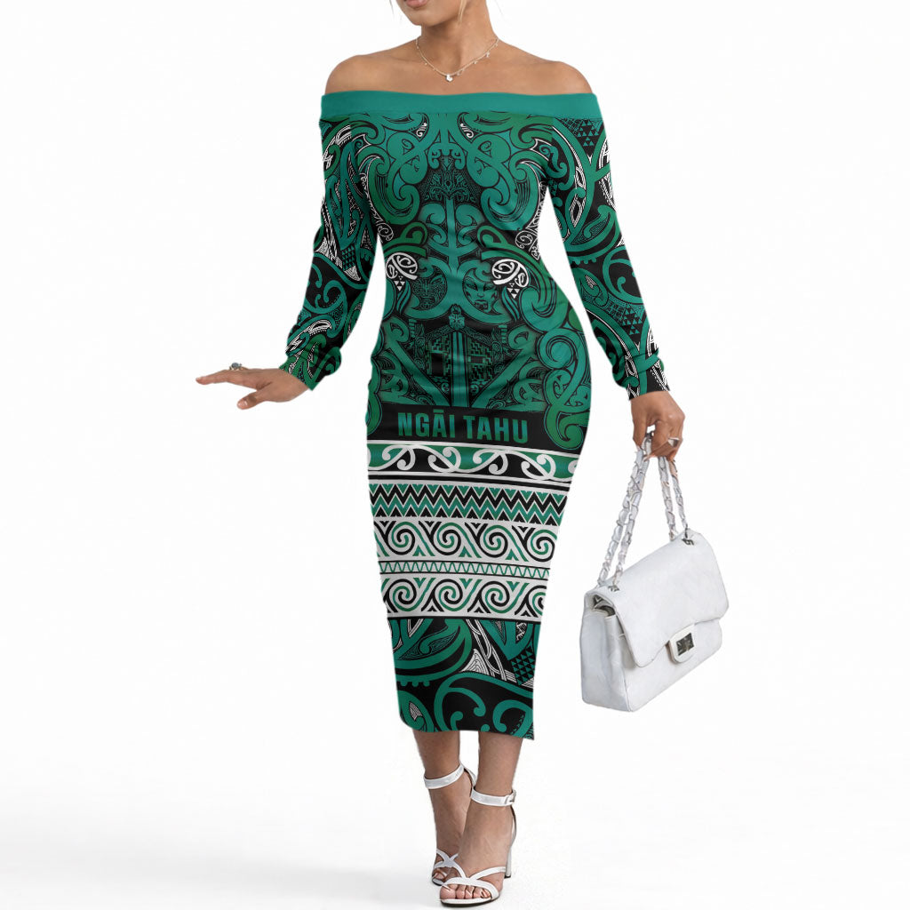 Aotearoa Iwi Ngai Tahu Off The Shoulder Long Sleeve Dress Maori Wharenui House Tribal Pattern LT9 Women Turquoise - Polynesian Pride
