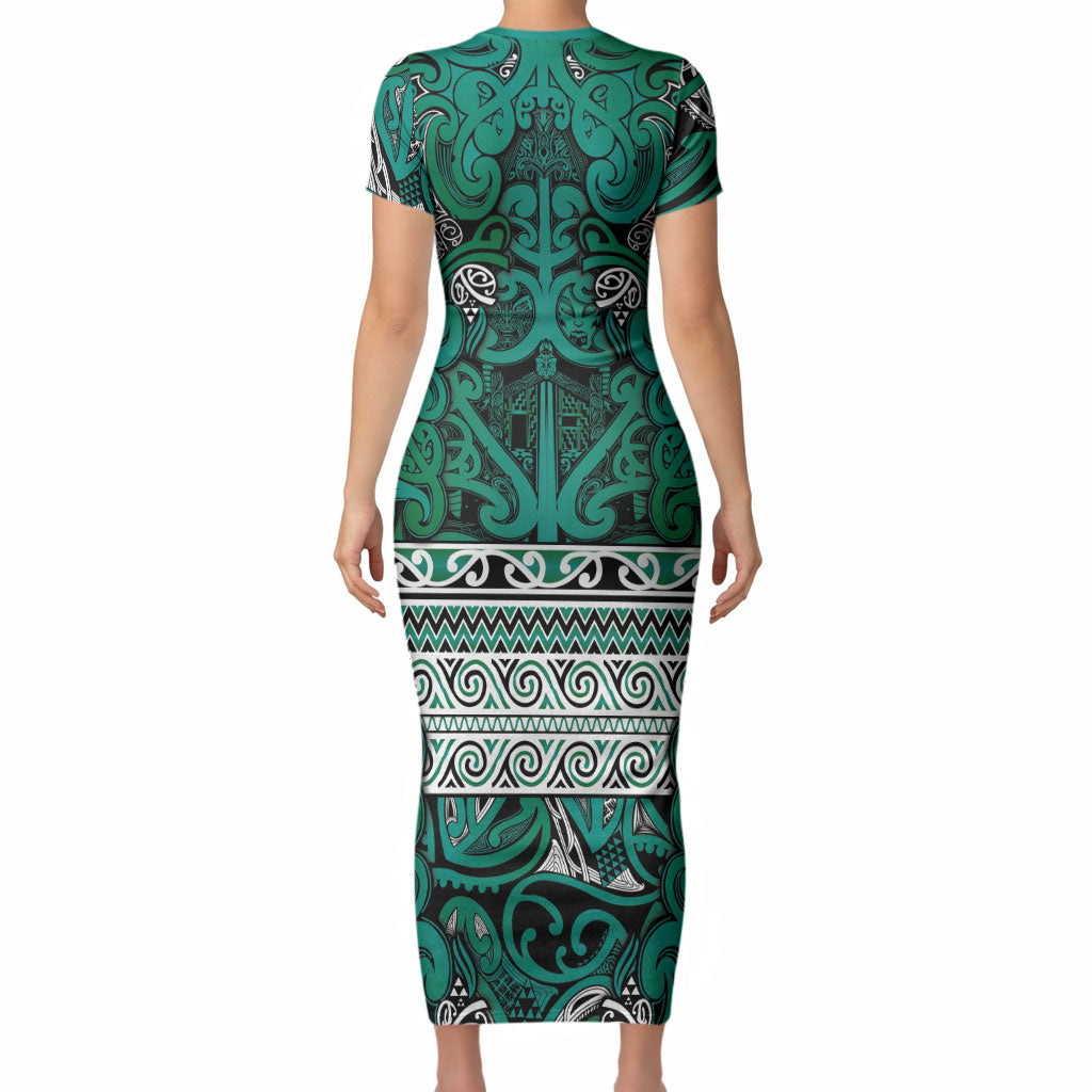 Aotearoa Iwi Ngai Tahu Short Sleeve Bodycon Dress Maori Wharenui House Tribal Pattern