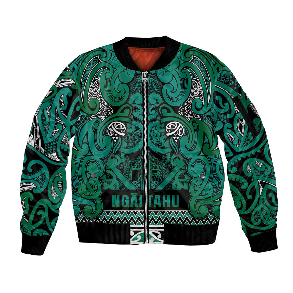 Aotearoa Iwi Ngai Tahu Sleeve Zip Bomber Jacket Maori Wharenui House Tribal Pattern LT9 Unisex Turquoise - Polynesian Pride