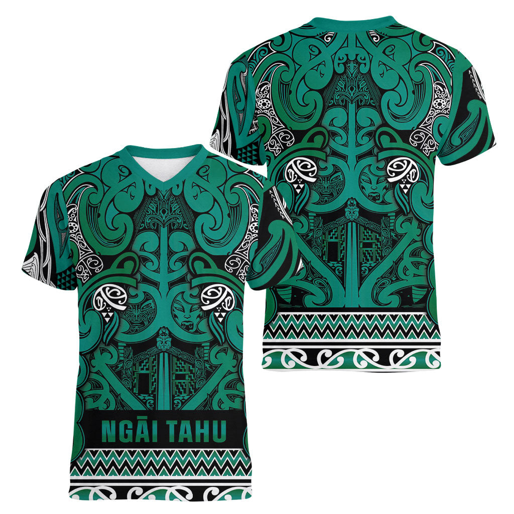 Aotearoa Iwi Ngai Tahu Women V-Neck T-Shirt Maori Wharenui House Tribal Pattern