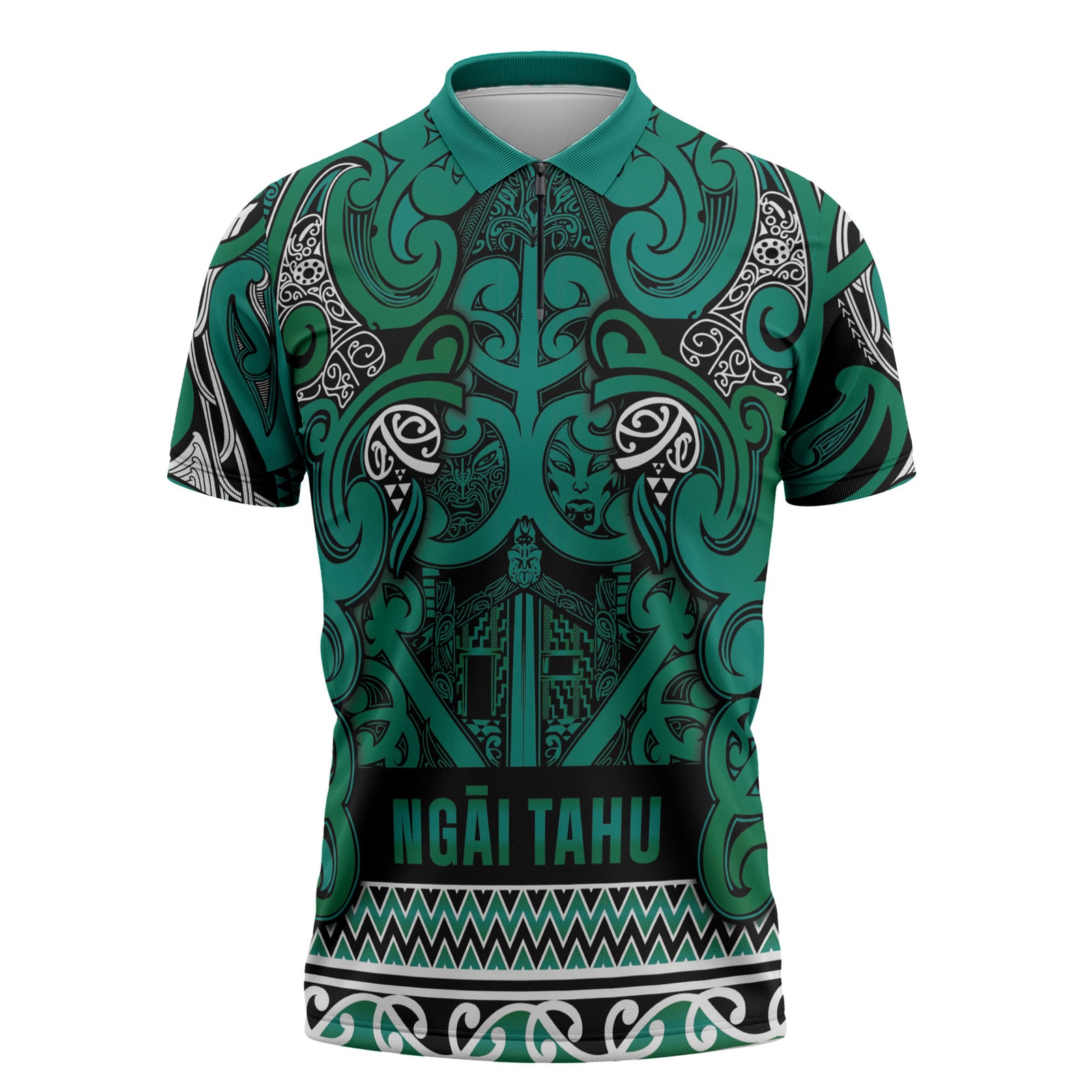 Aotearoa Iwi Ngai Tahu Zipper Polo Shirt Maori Wharenui House Tribal Pattern LT9 Turquoise - Polynesian Pride
