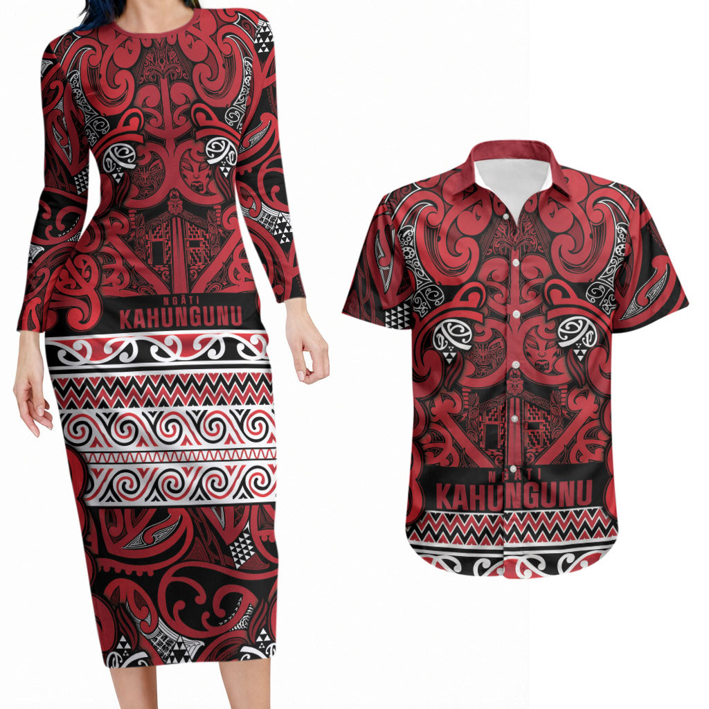 Aotearoa Iwi Ngati Kahungunu Couples Matching Long Sleeve Bodycon Dress and Hawaiian Shirt Maori Wharenui House Tribal Pattern LT9 Dark red - Polynesian Pride