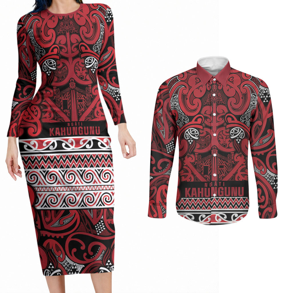 Aotearoa Iwi Ngati Kahungunu Couples Matching Long Sleeve Bodycon Dress and Long Sleeve Button Shirt Maori Wharenui House Tribal Pattern