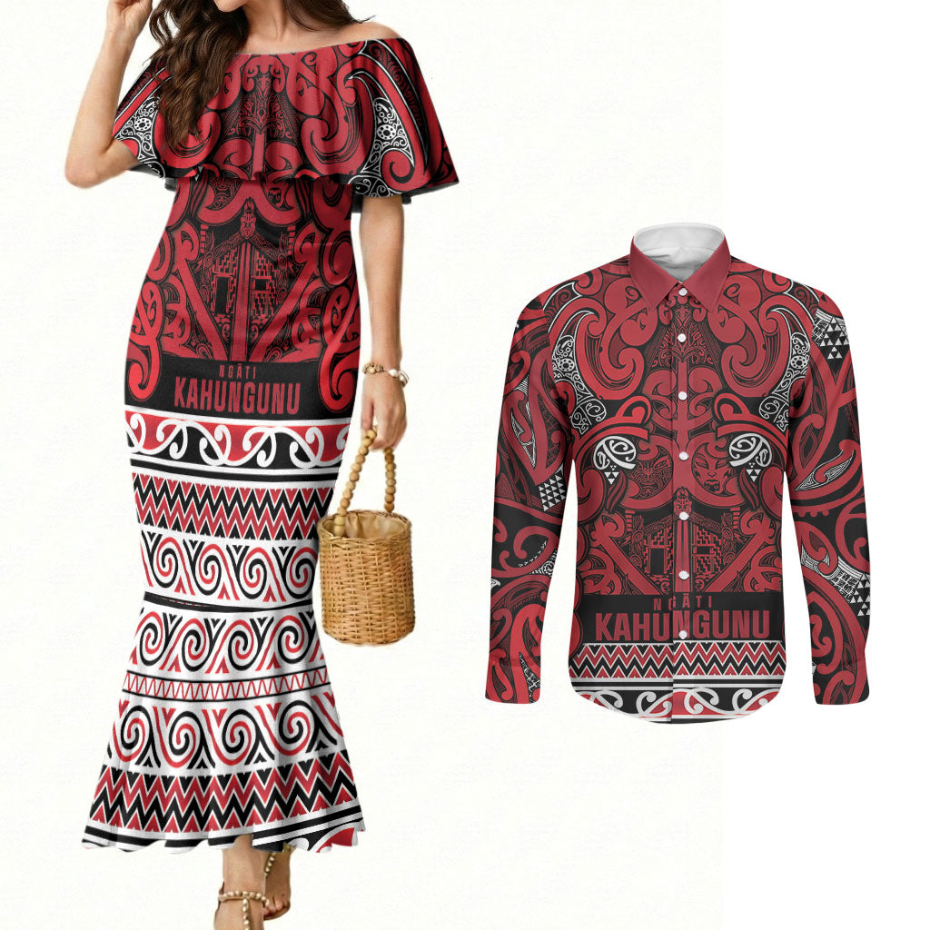 Aotearoa Iwi Ngati Kahungunu Couples Matching Mermaid Dress and Long Sleeve Button Shirt Maori Wharenui House Tribal Pattern LT9 Dark red - Polynesian Pride