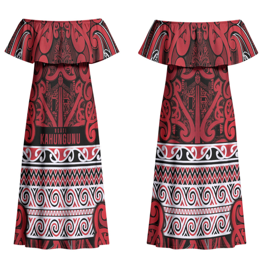 Aotearoa Iwi Ngati Kahungunu Couples Matching Off Shoulder Maxi Dress and Long Sleeve Button Shirt Maori Wharenui House Tribal Pattern
