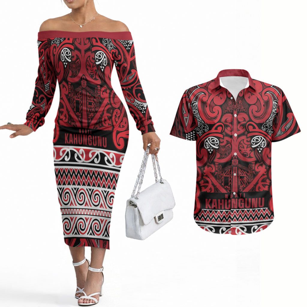 Aotearoa Iwi Ngati Kahungunu Couples Matching Off The Shoulder Long Sleeve Dress and Hawaiian Shirt Maori Wharenui House Tribal Pattern