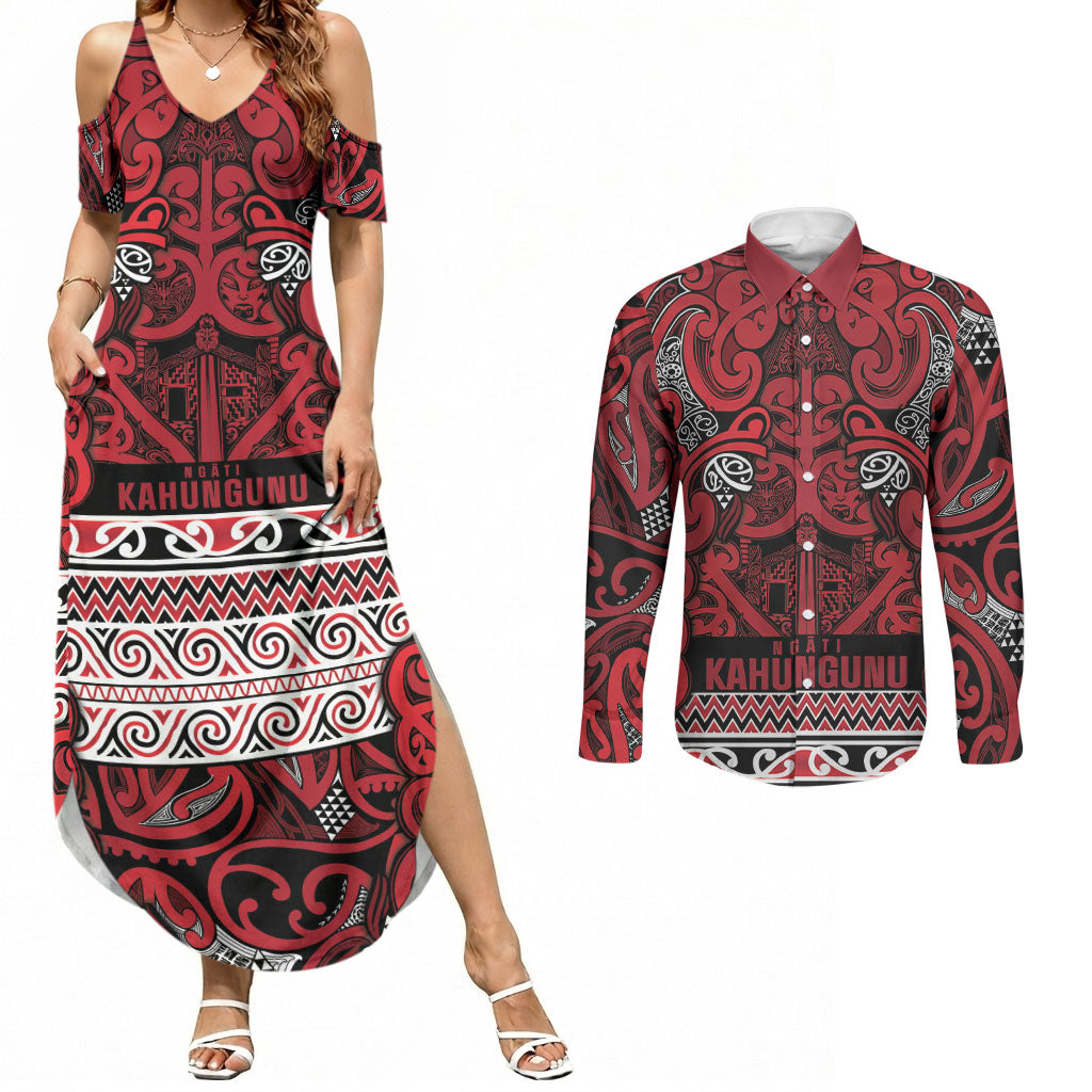 Aotearoa Iwi Ngati Kahungunu Couples Matching Summer Maxi Dress and Long Sleeve Button Shirt Maori Wharenui House Tribal Pattern LT9 Dark red - Polynesian Pride