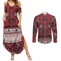 Aotearoa Iwi Ngati Kahungunu Couples Matching Summer Maxi Dress and Long Sleeve Button Shirt Maori Wharenui House Tribal Pattern