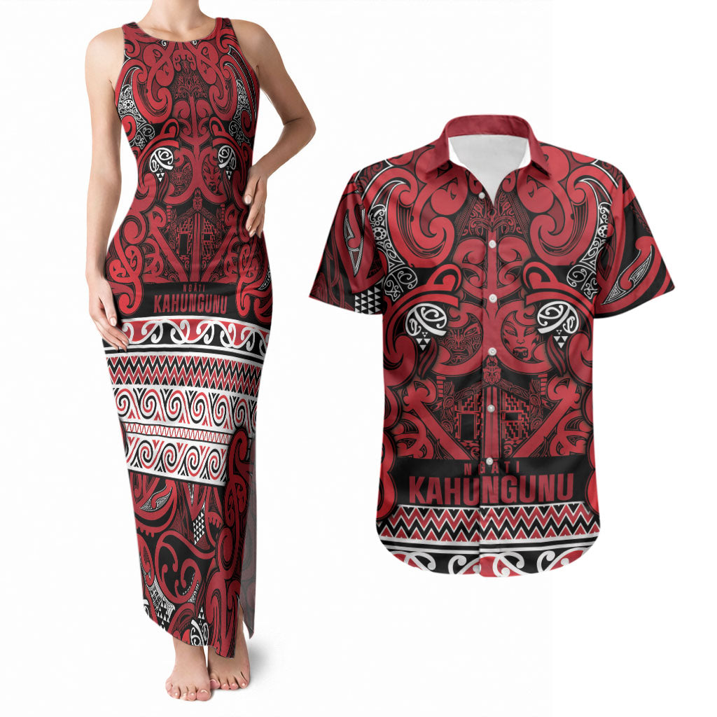 Aotearoa Iwi Ngati Kahungunu Couples Matching Tank Maxi Dress and Hawaiian Shirt Maori Wharenui House Tribal Pattern LT9 Dark red - Polynesian Pride