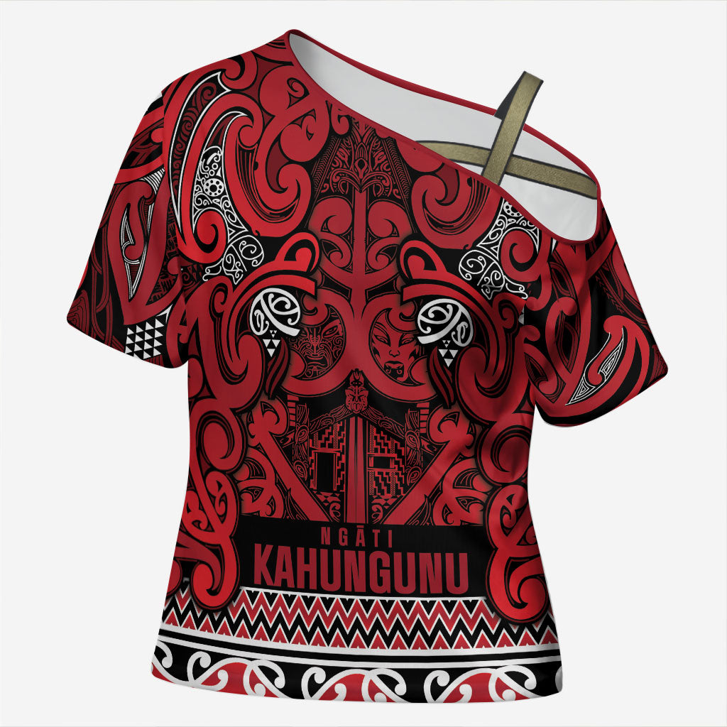 Aotearoa Iwi Ngati Kahungunu Cross Shoulder Shirt Maori Wharenui House Tribal Pattern LT9 Female Dark red - Polynesian Pride