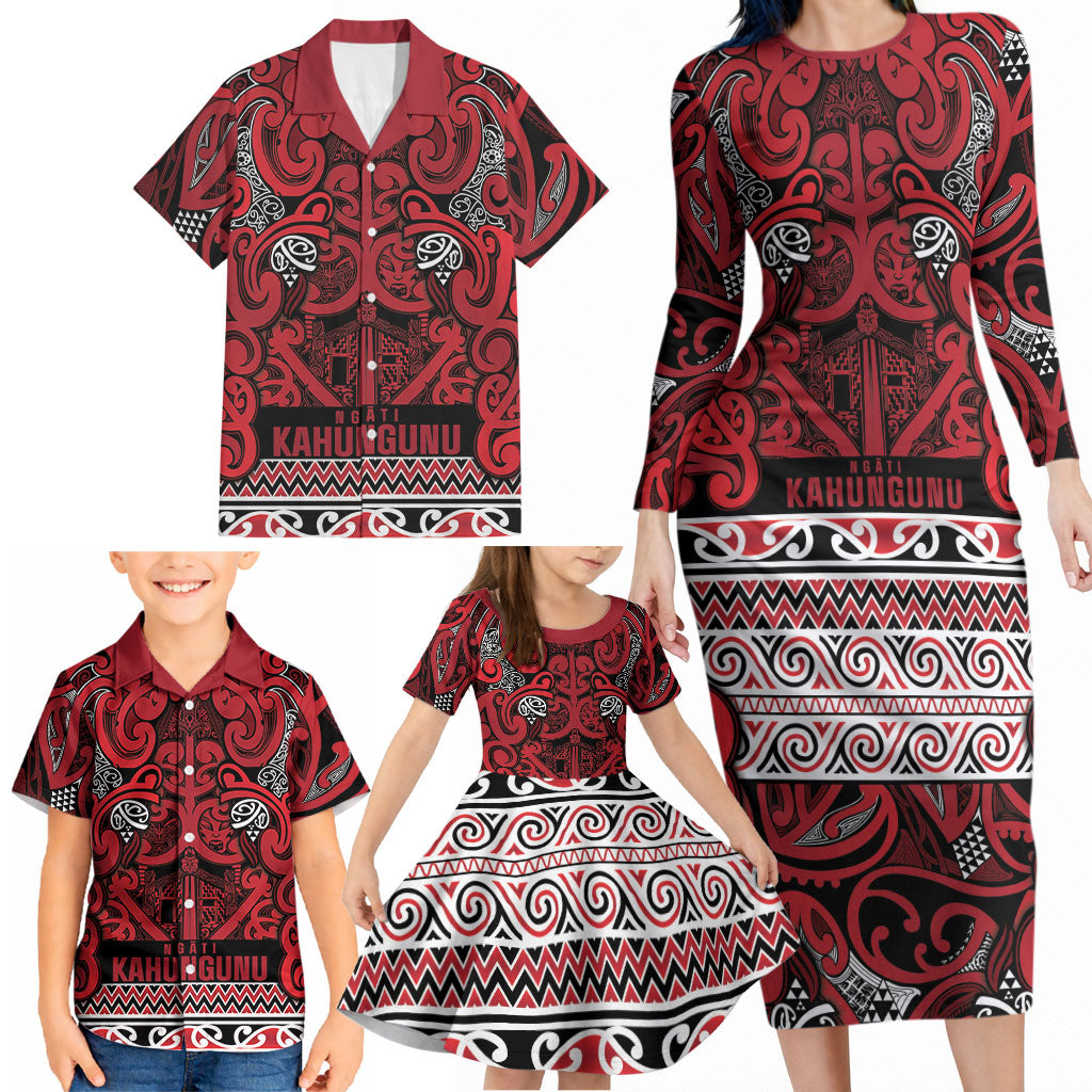 Aotearoa Iwi Ngati Kahungunu Family Matching Long Sleeve Bodycon Dress and Hawaiian Shirt Maori Wharenui House Tribal Pattern LT9 - Polynesian Pride