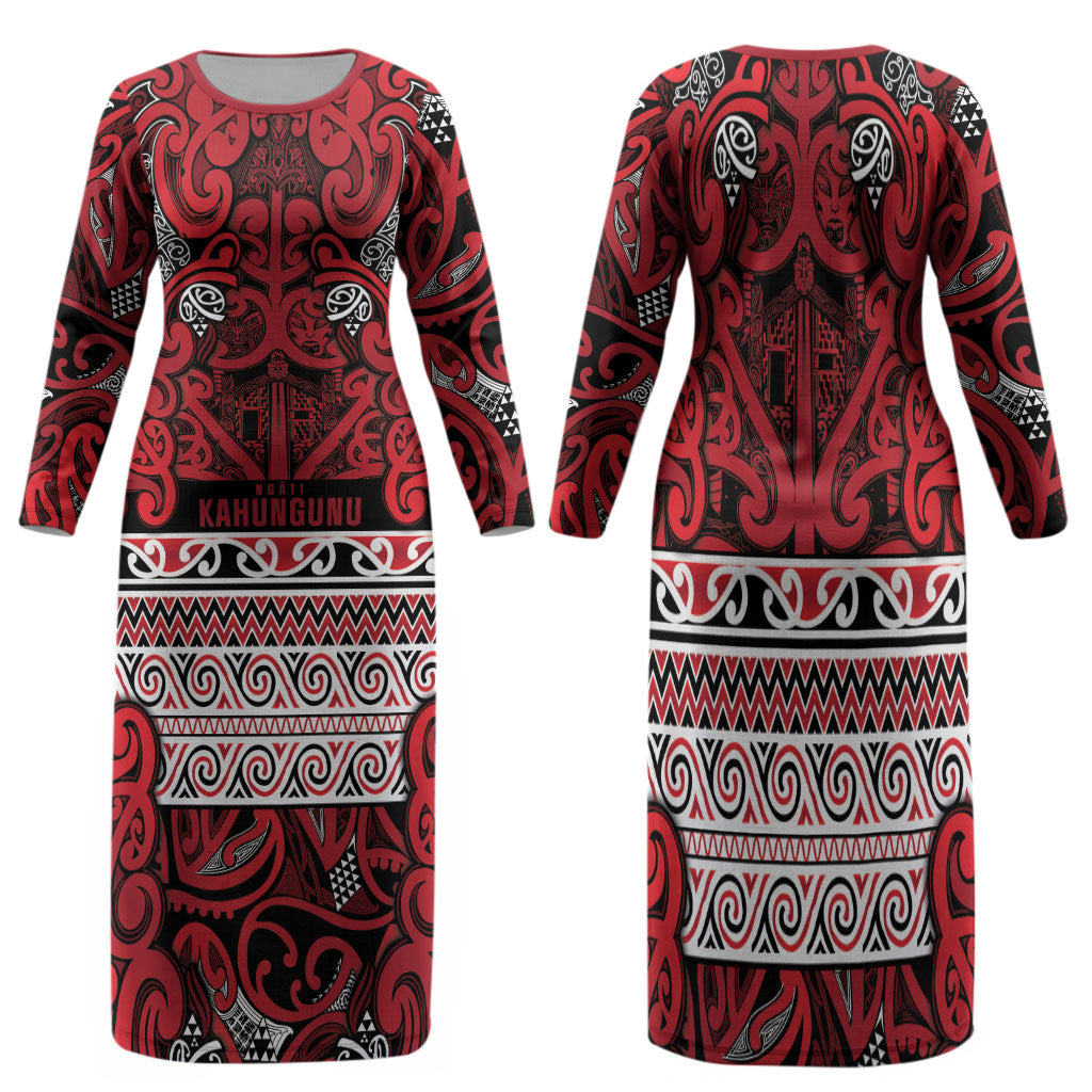 Aotearoa Iwi Ngati Kahungunu Family Matching Long Sleeve Bodycon Dress and Hawaiian Shirt Maori Wharenui House Tribal Pattern