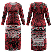 Aotearoa Iwi Ngati Kahungunu Family Matching Long Sleeve Bodycon Dress and Hawaiian Shirt Maori Wharenui House Tribal Pattern