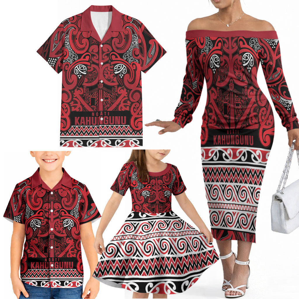 Aotearoa Iwi Ngati Kahungunu Family Matching Off The Shoulder Long Sleeve Dress and Hawaiian Shirt Maori Wharenui House Tribal Pattern