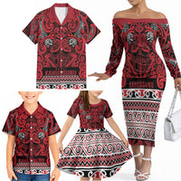 Aotearoa Iwi Ngati Kahungunu Family Matching Off The Shoulder Long Sleeve Dress and Hawaiian Shirt Maori Wharenui House Tribal Pattern
