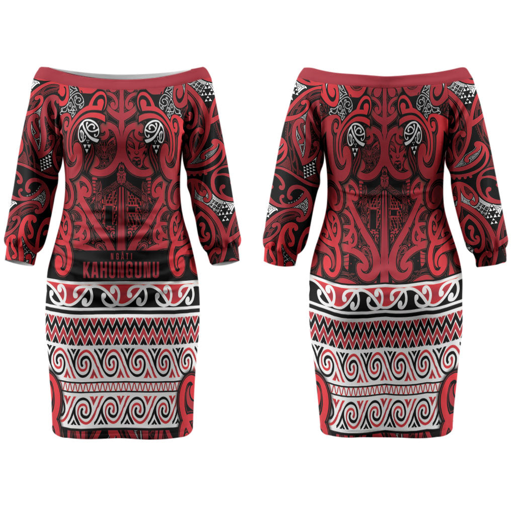 Aotearoa Iwi Ngati Kahungunu Family Matching Off The Shoulder Long Sleeve Dress and Hawaiian Shirt Maori Wharenui House Tribal Pattern