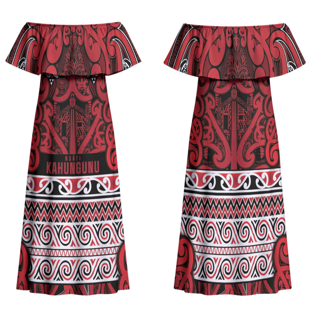 Aotearoa Iwi Ngati Kahungunu Family Matching Off Shoulder Maxi Dress and Hawaiian Shirt Maori Wharenui House Tribal Pattern