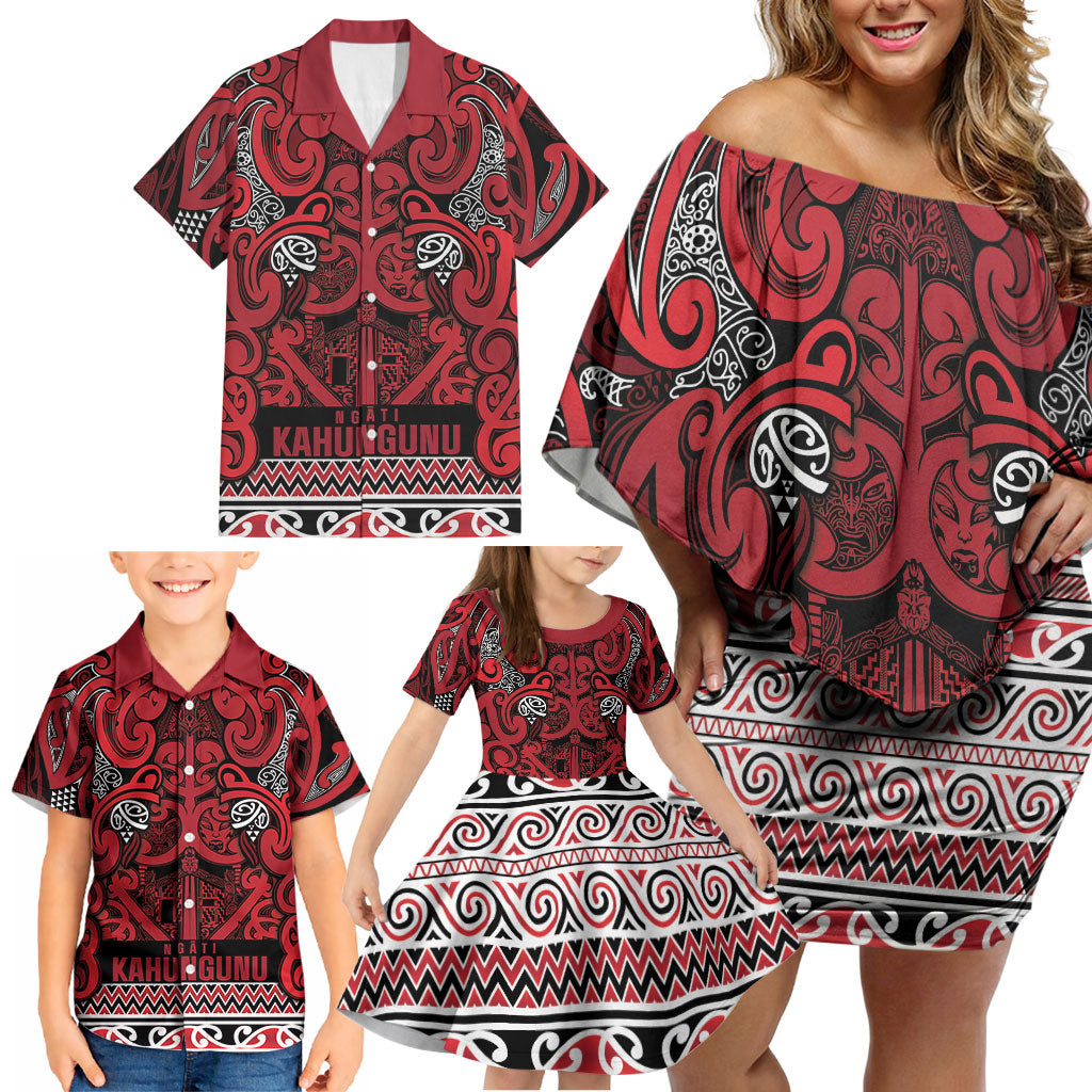 Aotearoa Iwi Ngati Kahungunu Family Matching Off Shoulder Short Dress and Hawaiian Shirt Maori Wharenui House Tribal Pattern LT9 - Polynesian Pride
