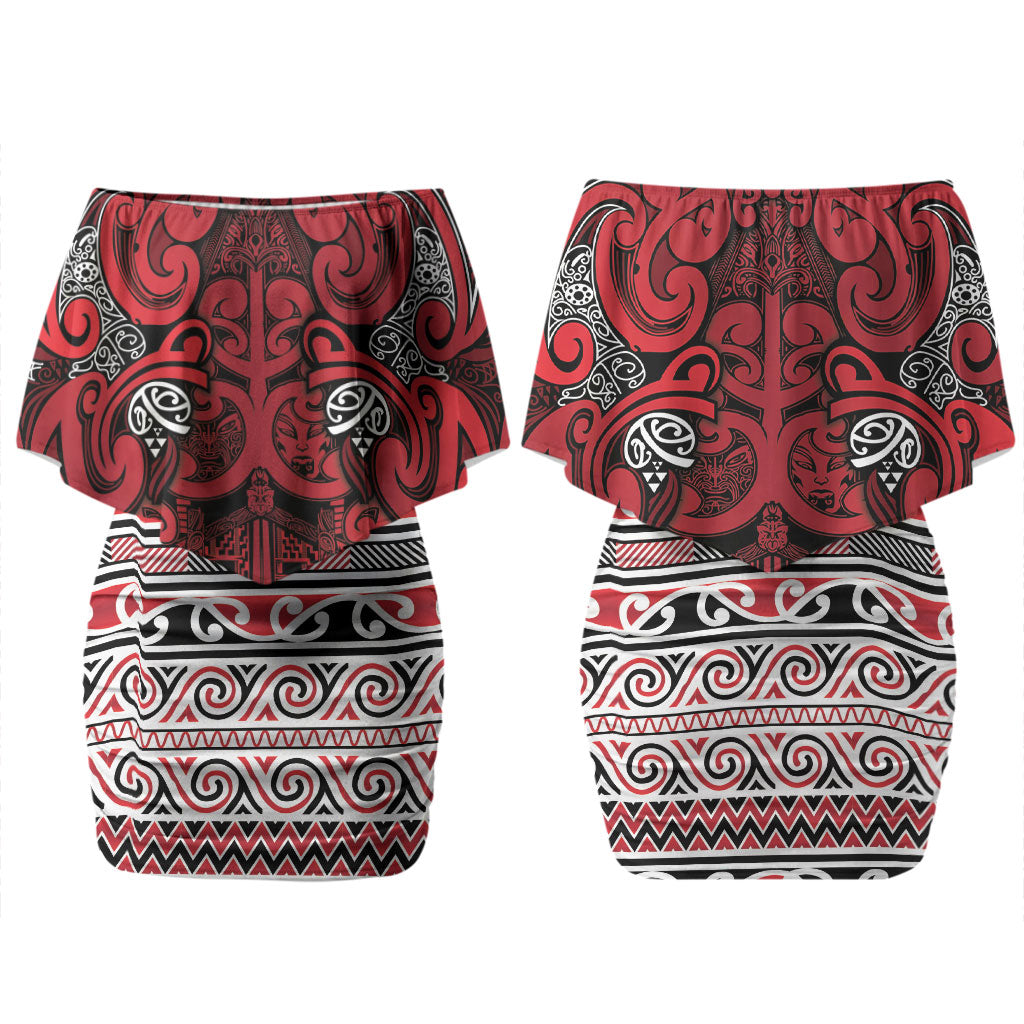 Aotearoa Iwi Ngati Kahungunu Family Matching Off Shoulder Short Dress and Hawaiian Shirt Maori Wharenui House Tribal Pattern