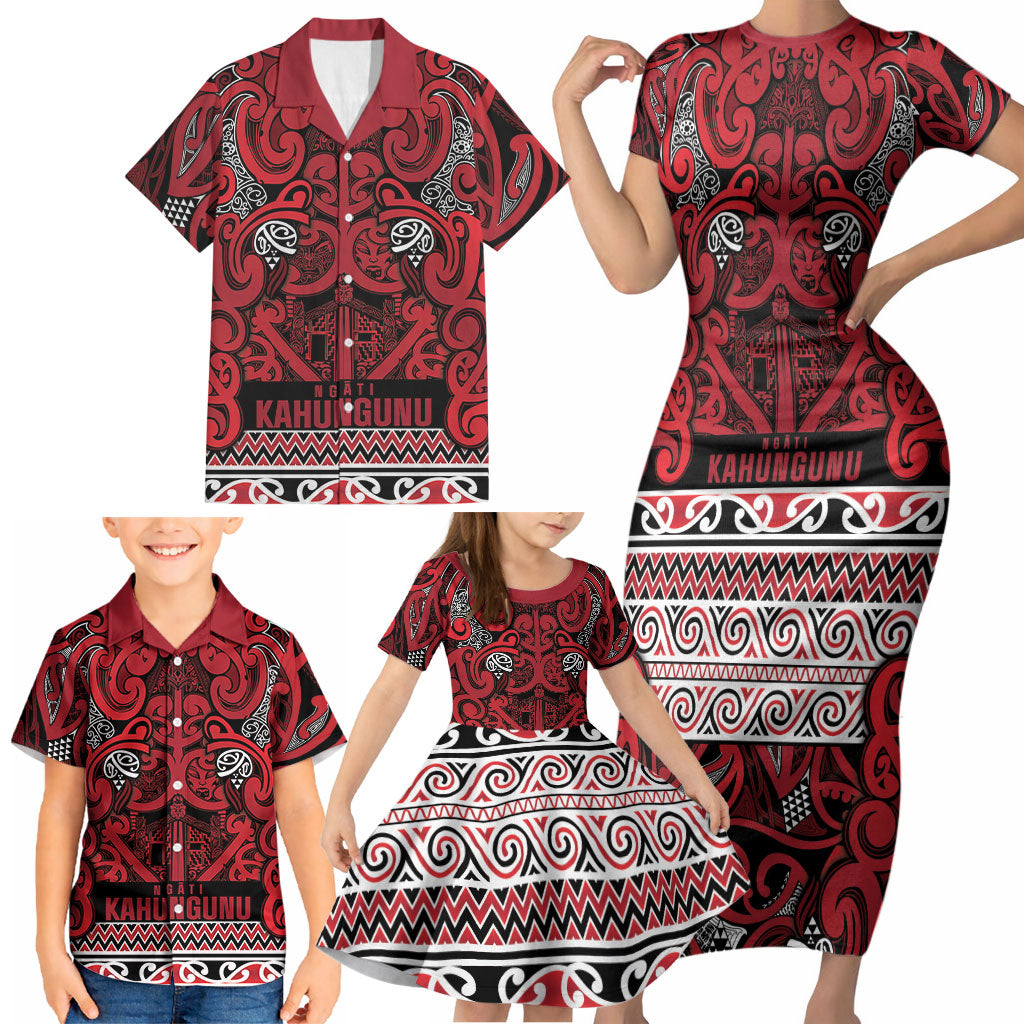 Aotearoa Iwi Ngati Kahungunu Family Matching Short Sleeve Bodycon Dress and Hawaiian Shirt Maori Wharenui House Tribal Pattern LT9 - Polynesian Pride