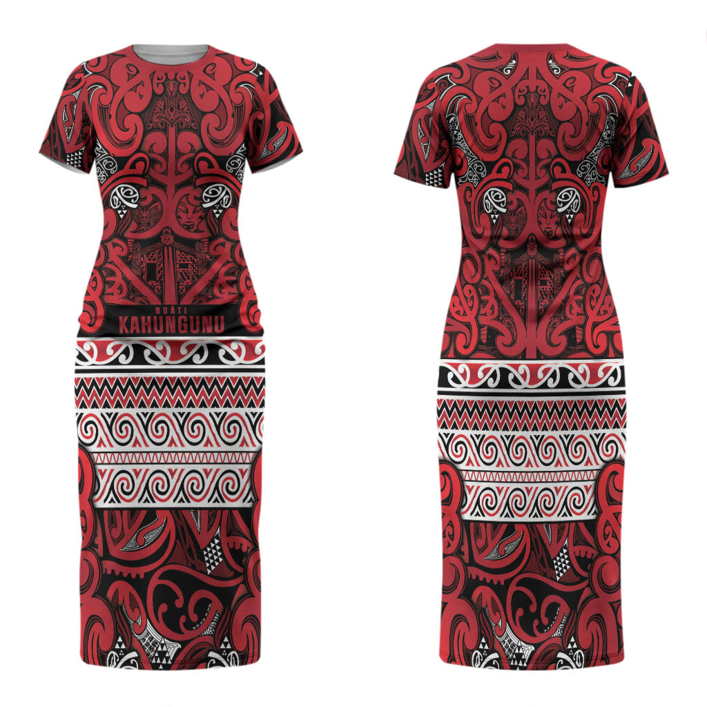Aotearoa Iwi Ngati Kahungunu Family Matching Short Sleeve Bodycon Dress and Hawaiian Shirt Maori Wharenui House Tribal Pattern