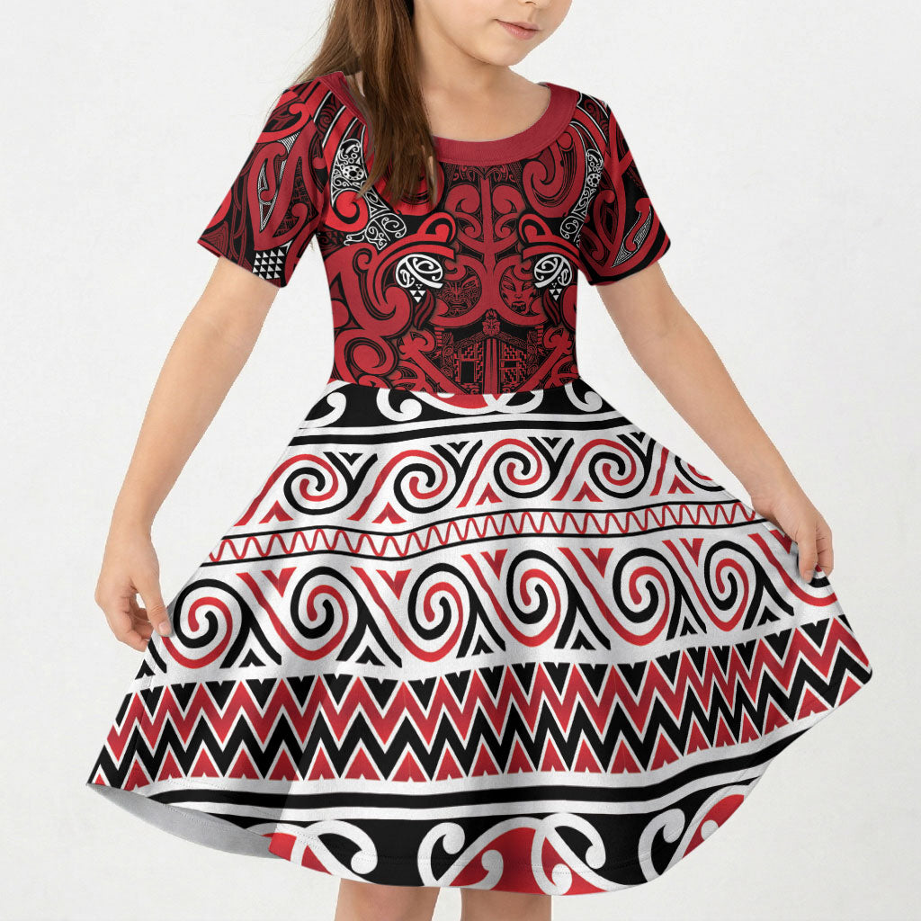 Aotearoa Iwi Ngati Kahungunu Kid Short Sleeve Dress Maori Wharenui House Tribal Pattern