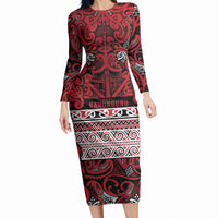 Aotearoa Iwi Ngati Kahungunu Long Sleeve Bodycon Dress Maori Wharenui House Tribal Pattern