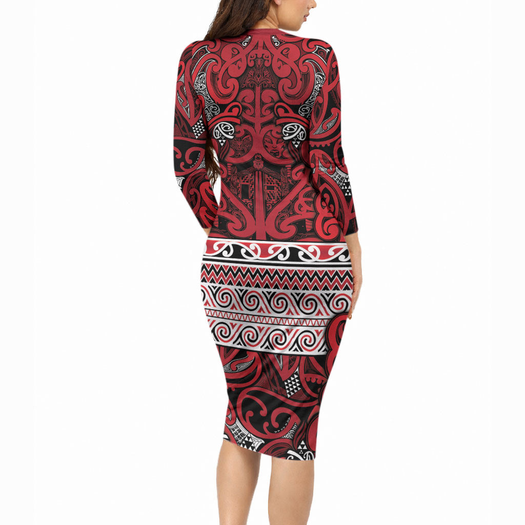 Aotearoa Iwi Ngati Kahungunu Long Sleeve Bodycon Dress Maori Wharenui House Tribal Pattern