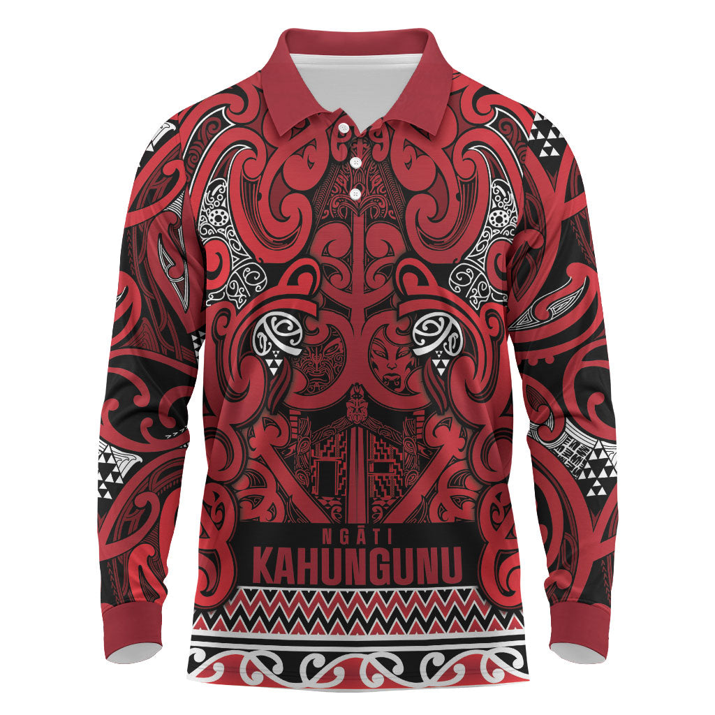 Aotearoa Iwi Ngati Kahungunu Long Sleeve Polo Shirt Maori Wharenui House Tribal Pattern