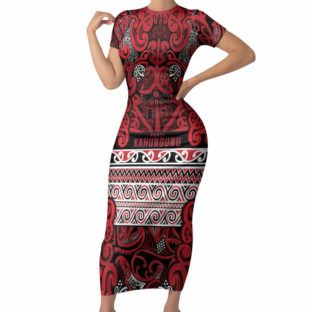 Aotearoa Iwi Ngati Kahungunu Short Sleeve Bodycon Dress Maori Wharenui House Tribal Pattern LT9 Long Dress Dark red - Polynesian Pride