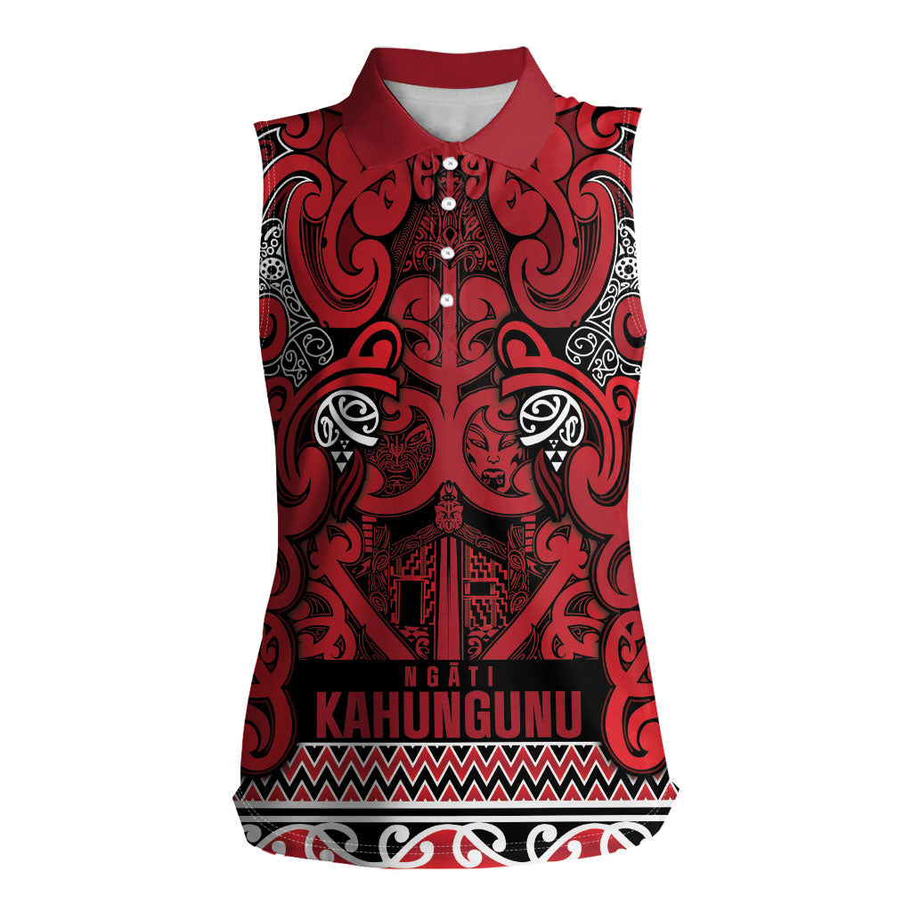 Aotearoa Iwi Ngati Kahungunu Women Sleeveless Polo Shirt Maori Wharenui House Tribal Pattern LT9 Female Dark red - Polynesian Pride
