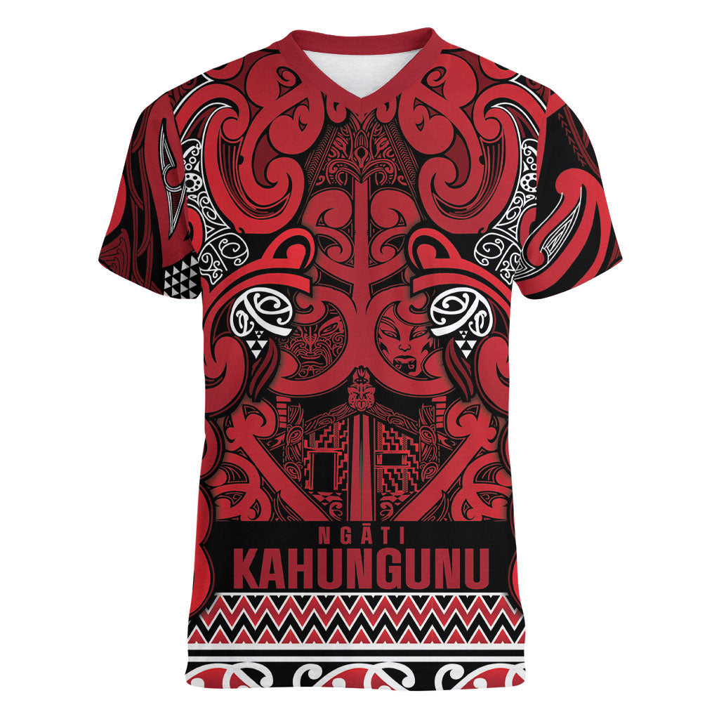 Aotearoa Iwi Ngati Kahungunu Women V-Neck T-Shirt Maori Wharenui House Tribal Pattern LT9 Female Dark red - Polynesian Pride