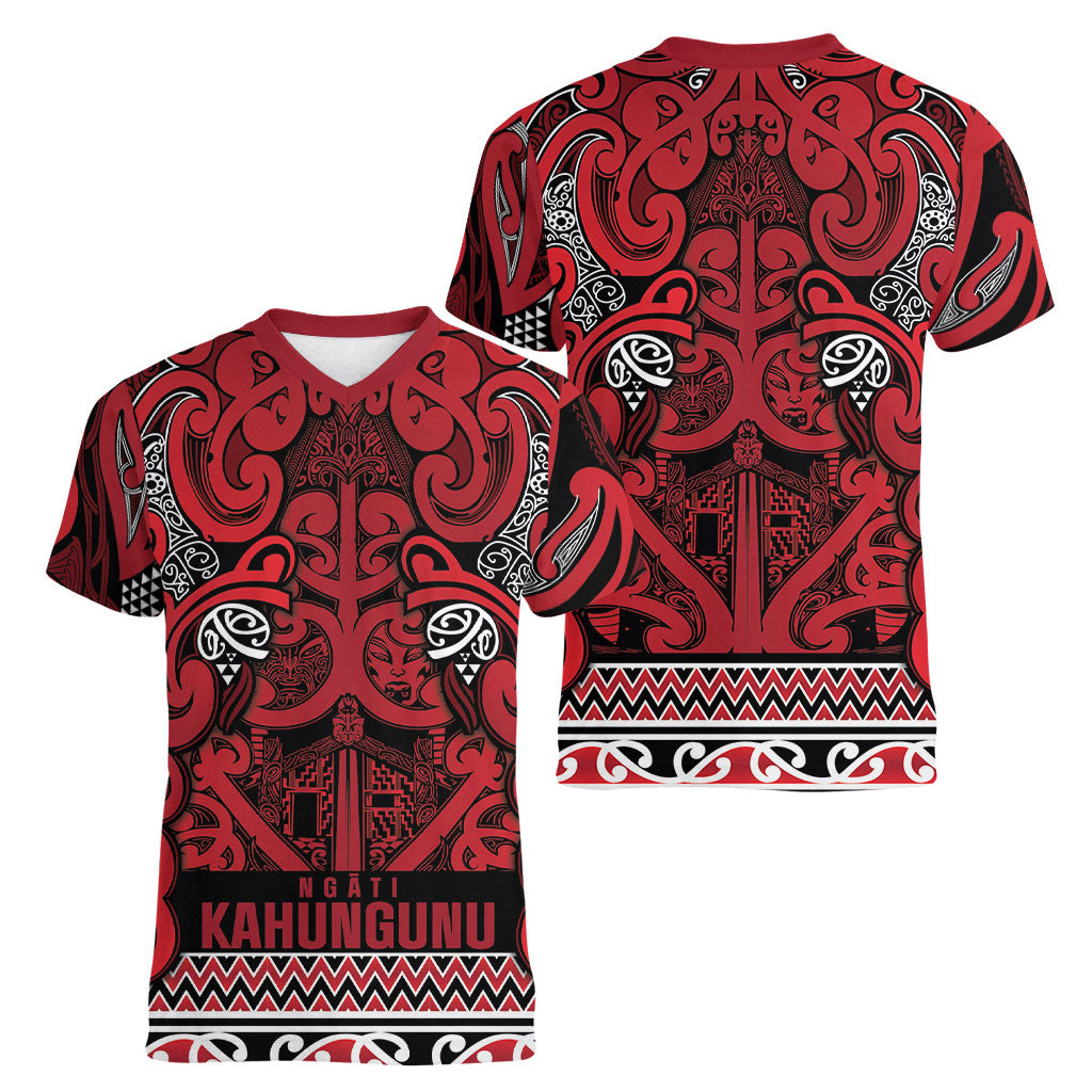 Aotearoa Iwi Ngati Kahungunu Women V-Neck T-Shirt Maori Wharenui House Tribal Pattern