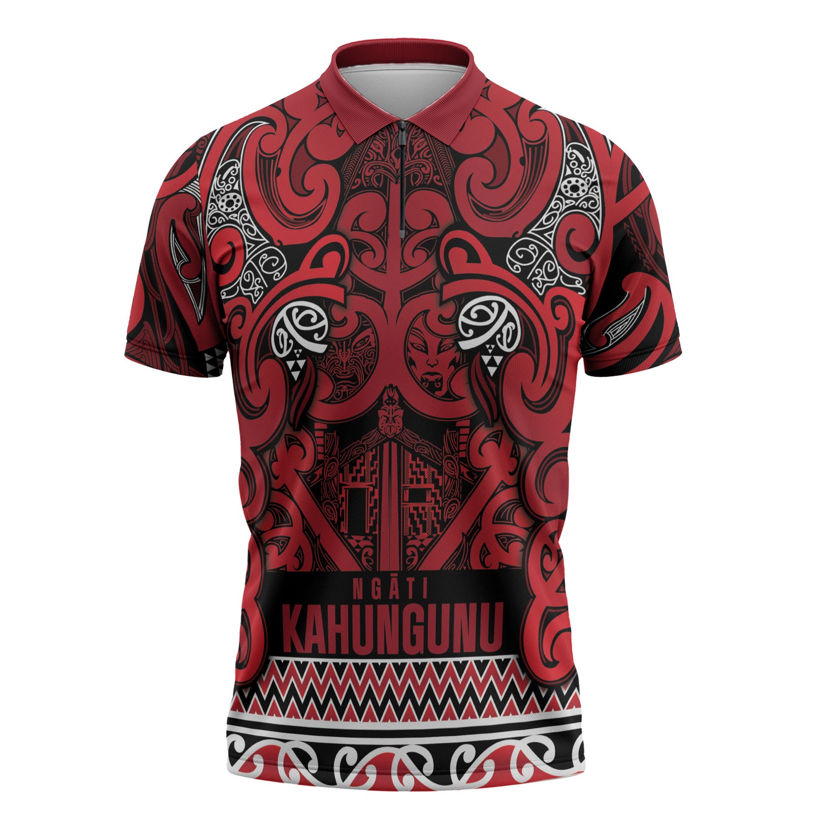 Aotearoa Iwi Ngati Kahungunu Zipper Polo Shirt Maori Wharenui House Tribal Pattern LT9 Dark red - Polynesian Pride