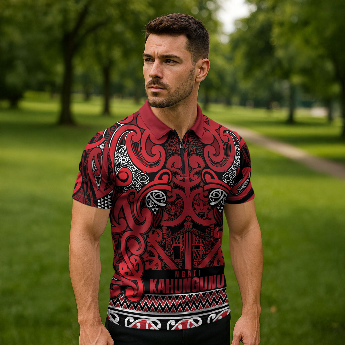 Aotearoa Iwi Ngati Kahungunu Zipper Polo Shirt Maori Wharenui House Tribal Pattern