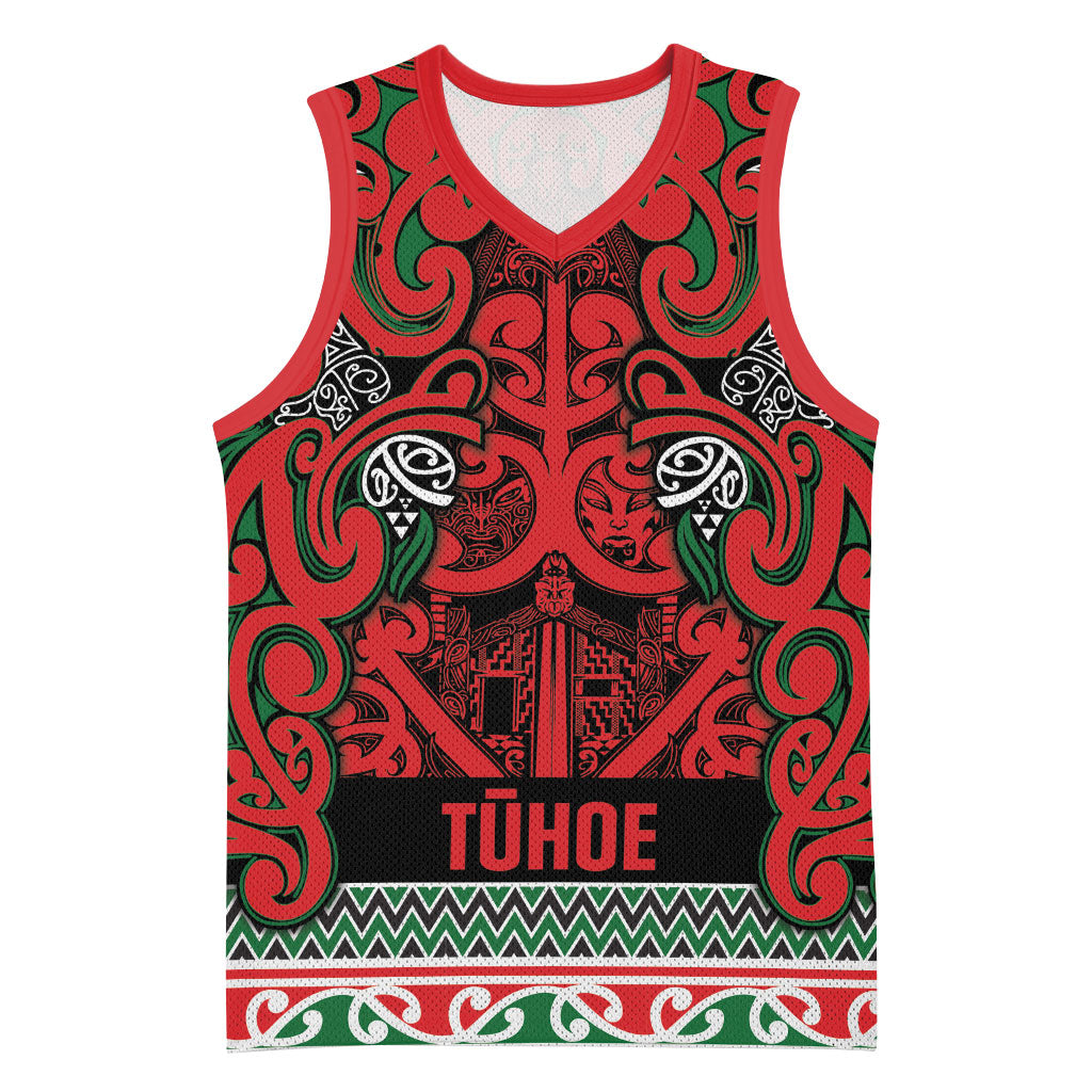 Aotearoa Iwi Tuhoe Basketball Jersey Maori Wharenui House Tribal Pattern LT9 Unisex Green Red - Polynesian Pride