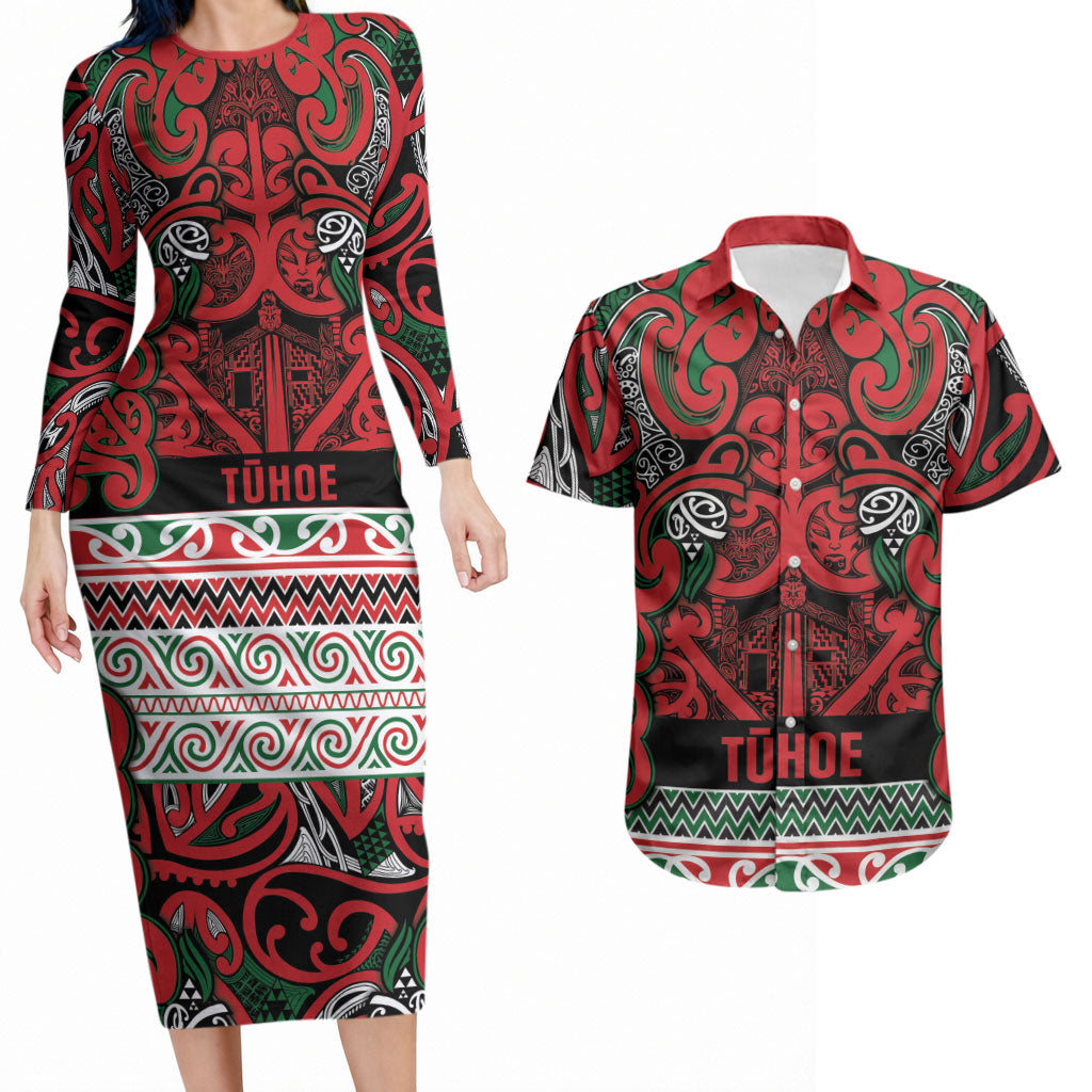 Aotearoa Iwi Tuhoe Couples Matching Long Sleeve Bodycon Dress and Hawaiian Shirt Maori Wharenui House Tribal Pattern LT9 Green Red - Polynesian Pride