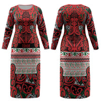 Aotearoa Iwi Tuhoe Couples Matching Long Sleeve Bodycon Dress and Hawaiian Shirt Maori Wharenui House Tribal Pattern