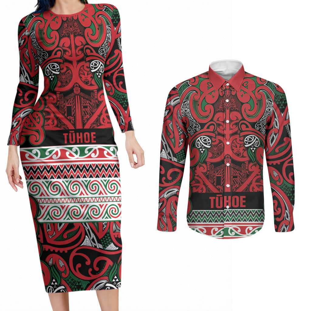 Aotearoa Iwi Tuhoe Couples Matching Long Sleeve Bodycon Dress and Long Sleeve Button Shirt Maori Wharenui House Tribal Pattern LT9 Green Red - Polynesian Pride