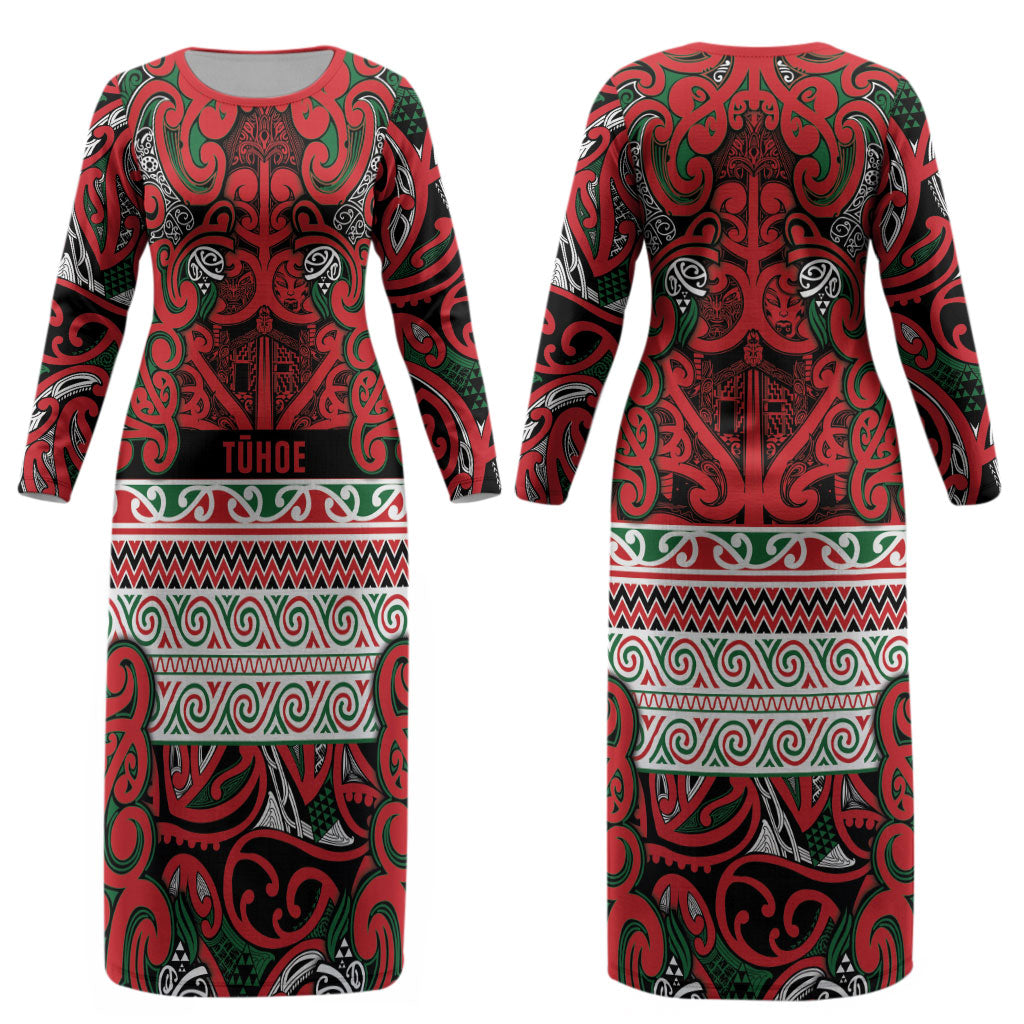 Aotearoa Iwi Tuhoe Couples Matching Long Sleeve Bodycon Dress and Long Sleeve Button Shirt Maori Wharenui House Tribal Pattern
