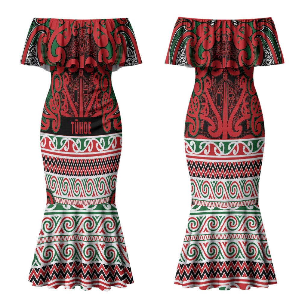 Aotearoa Iwi Tuhoe Couples Matching Mermaid Dress and Hawaiian Shirt Maori Wharenui House Tribal Pattern
