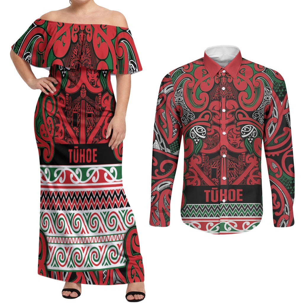 Aotearoa Iwi Tuhoe Couples Matching Off Shoulder Maxi Dress and Long Sleeve Button Shirt Maori Wharenui House Tribal Pattern LT9 Green Red - Polynesian Pride