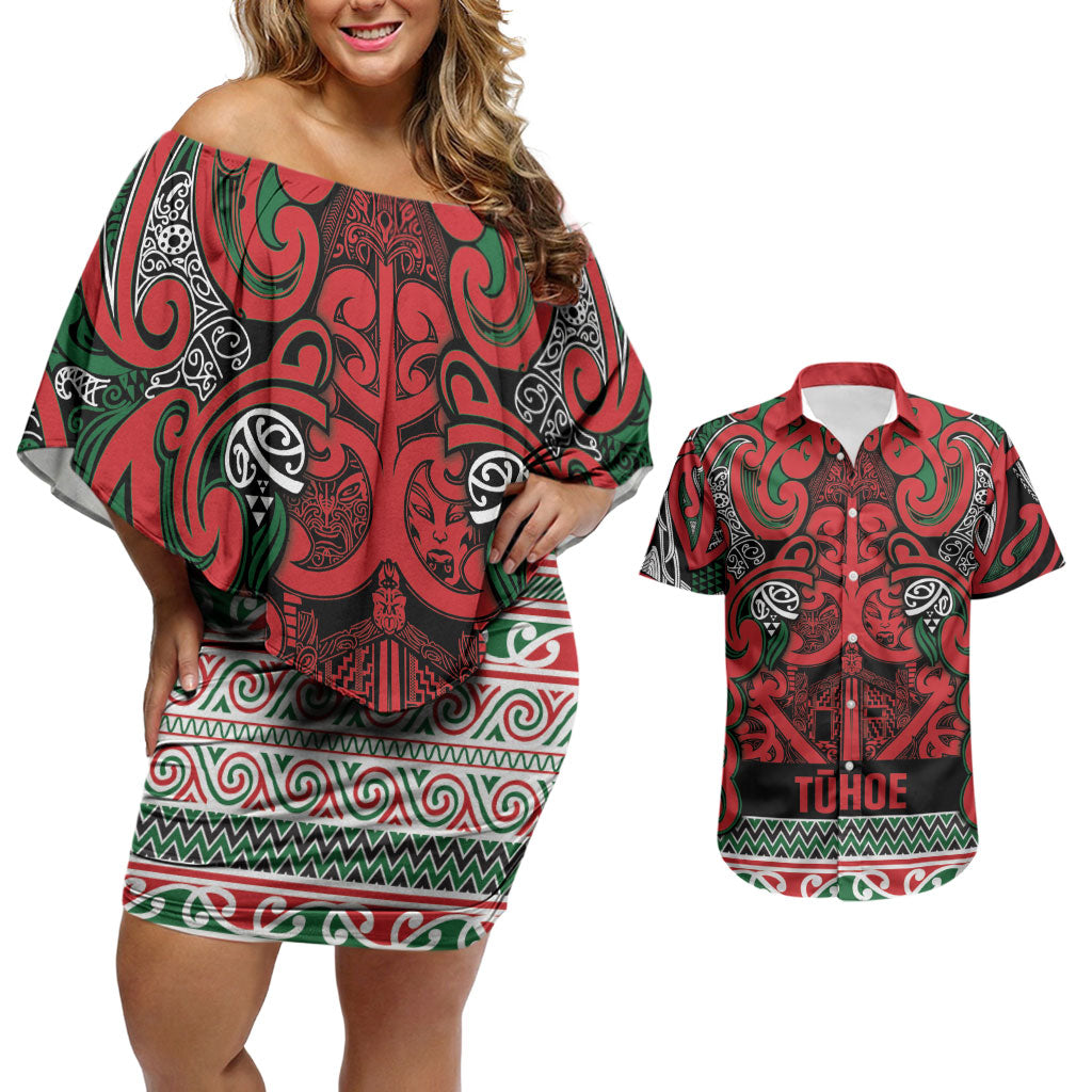 Aotearoa Iwi Tuhoe Couples Matching Off Shoulder Short Dress and Hawaiian Shirt Maori Wharenui House Tribal Pattern LT9 Green Red - Polynesian Pride
