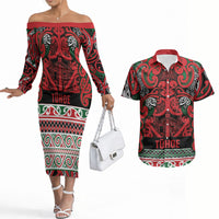 Aotearoa Iwi Tuhoe Couples Matching Off The Shoulder Long Sleeve Dress and Hawaiian Shirt Maori Wharenui House Tribal Pattern