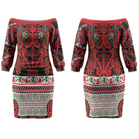Aotearoa Iwi Tuhoe Couples Matching Off The Shoulder Long Sleeve Dress and Long Sleeve Button Shirt Maori Wharenui House Tribal Pattern