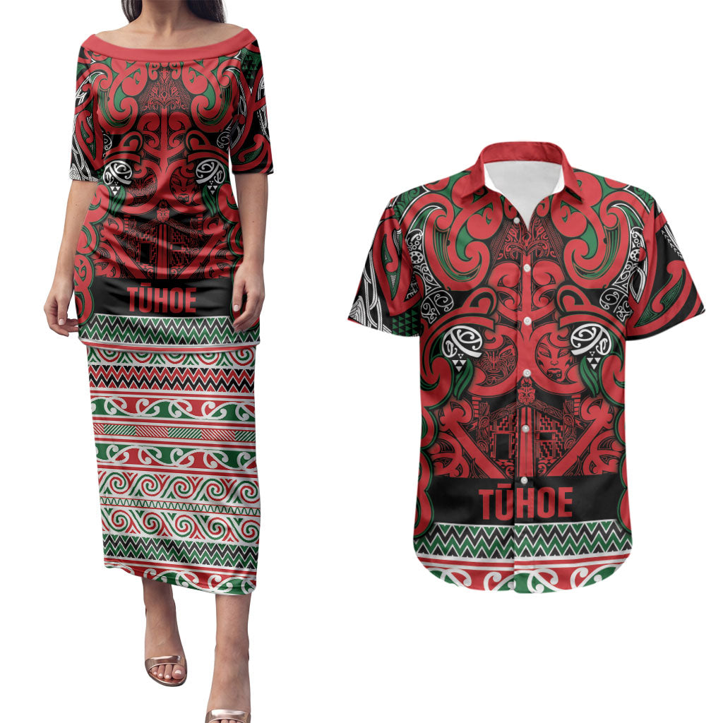 Aotearoa Iwi Tuhoe Couples Matching Puletasi and Hawaiian Shirt Maori Wharenui House Tribal Pattern LT9 Green Red - Polynesian Pride