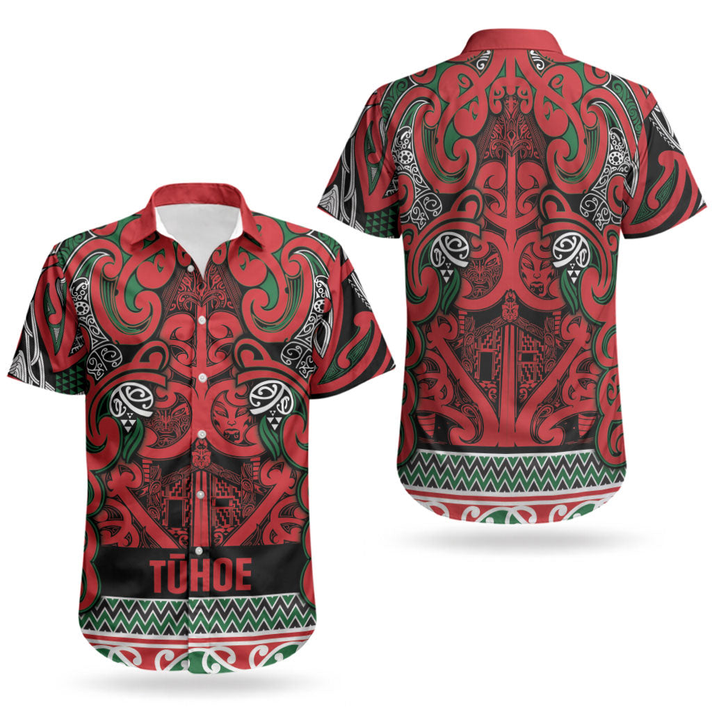 Aotearoa Iwi Tuhoe Couples Matching Short Sleeve Bodycon Dress and Hawaiian Shirt Maori Wharenui House Tribal Pattern