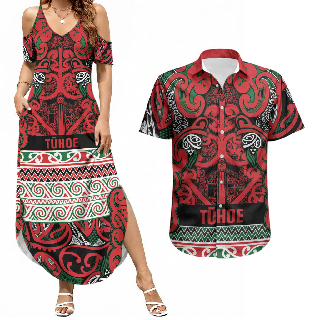 Aotearoa Iwi Tuhoe Couples Matching Summer Maxi Dress and Hawaiian Shirt Maori Wharenui House Tribal Pattern LT9 Green Red - Polynesian Pride