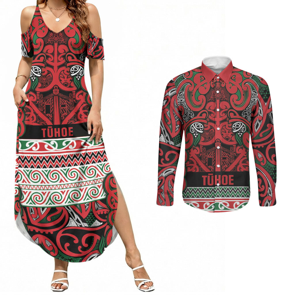 Aotearoa Iwi Tuhoe Couples Matching Summer Maxi Dress and Long Sleeve Button Shirt Maori Wharenui House Tribal Pattern LT9 Green Red - Polynesian Pride