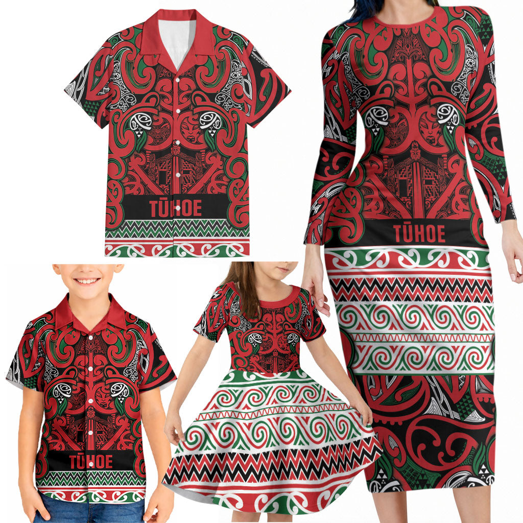 Aotearoa Iwi Tuhoe Family Matching Long Sleeve Bodycon Dress and Hawaiian Shirt Maori Wharenui House Tribal Pattern LT9 - Polynesian Pride